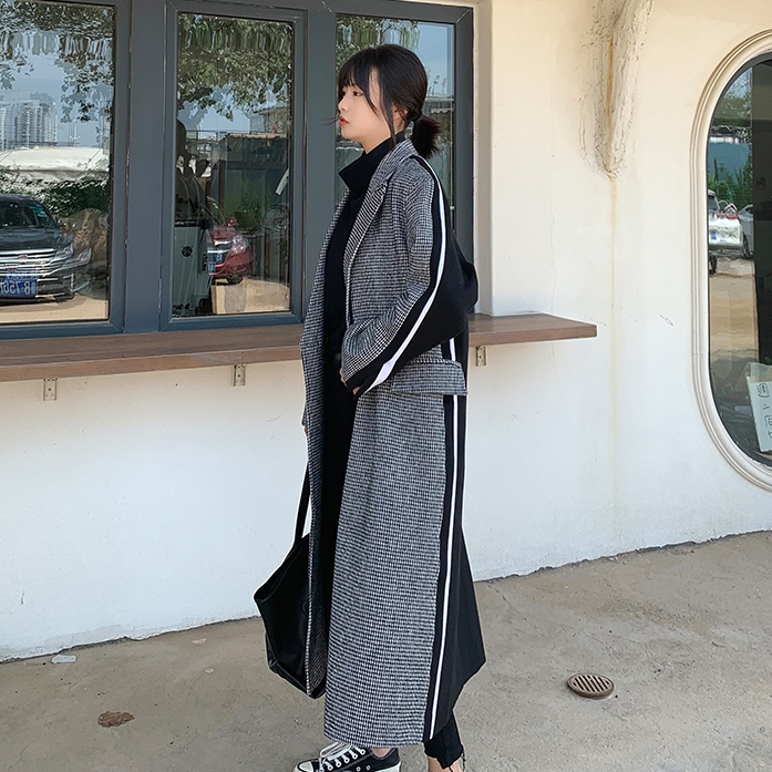 ロングコート 千鳥格子 バイカラー アウター コート チェスターコート トレンチコート ロング ロング丈 マキシ マキシ丈 9分丈 アンクル丈 袖あり 長袖 Vネック 襟付き ストレート 切り替えデザ