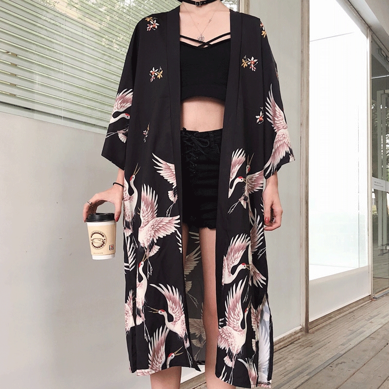 和柄 ロングカーディガン 羽織 和風 着物風 アウター カーディガン ガウン ロングコート 膝下 ロング ロング丈 袖あり 長袖 襟なし ストレート サイドスリット 前開き かわいい 大人可愛い きれ