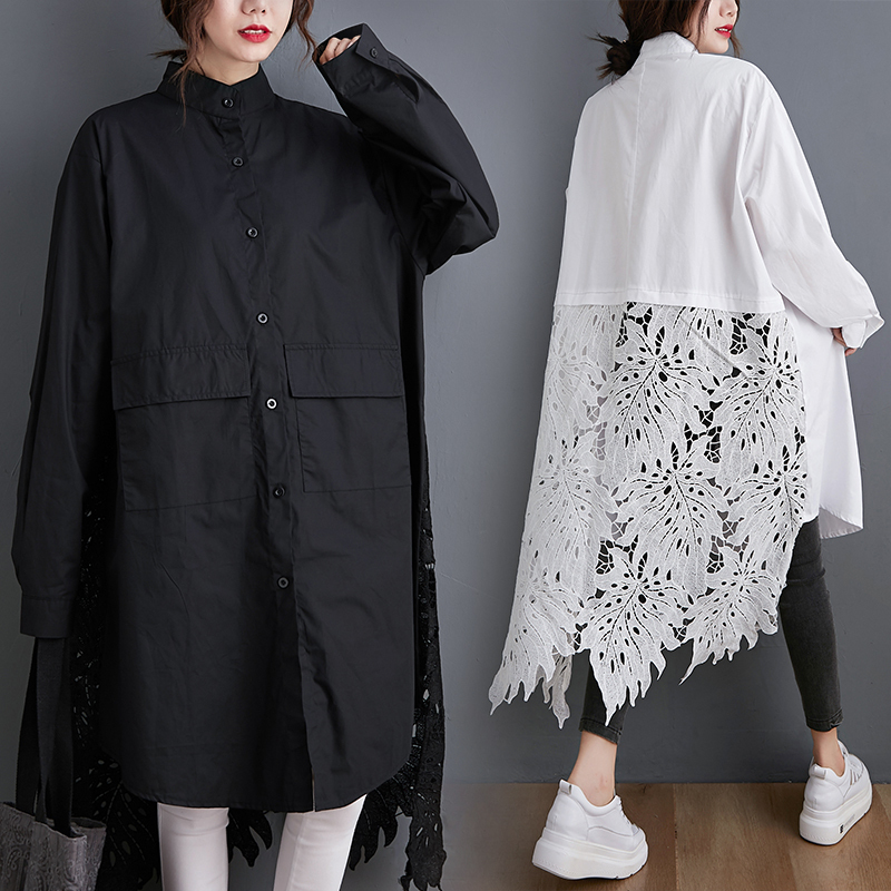 トップス シャツ ブラウス ロング ロング丈 袖あり 長袖 襟付き Aライン レース 刺繍 切り替えデザイン バックコンシャス かわいい 大人可愛い きれいめ シンプル カジュアル 大人 上品 おしゃ