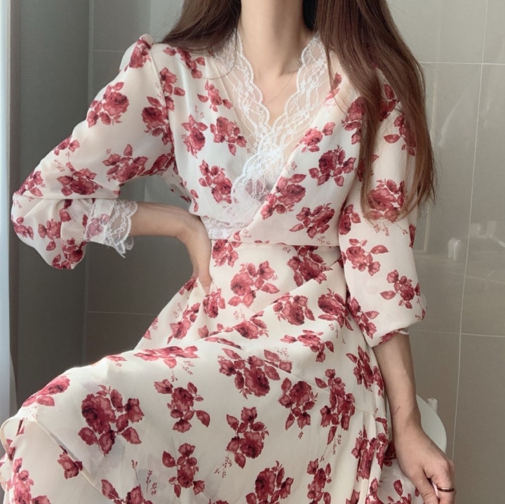 花柄 Vネック ロング ワンピース ロングスカート フレアワンピース ロング ロング丈 マキシ マキシ丈 アンクル丈 袖あり 長袖 ボリューム袖 パフスリーブ Vネック カシュクール フレア レース 