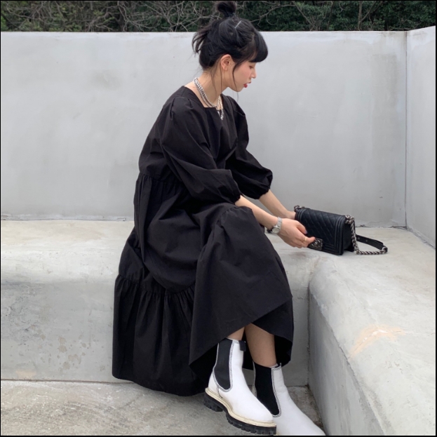 ワンピース ティアードワンピース ワンピドレス ロング ロング丈 袖あり 長袖 パフスリーブ スクエアネック 襟なし ワイド Aライン 綿 薄手 かわいい 大人可愛い きれいめ シンプル カジュアル 