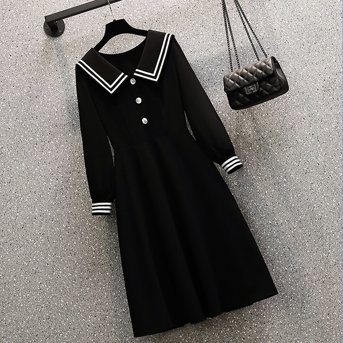 学生風 セーラーワンピース セーラー ワンピース フレアワンピース 膝丈 ひざ丈 袖あり 長袖 襟付き フレア セミフレア Aライン かわいい 大人可愛い きれいめ シンプル 上品 おしゃれ レトロ 