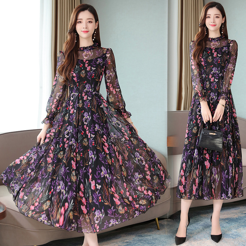 きれいめ シフォン 花柄 ロング ワンピース フレアワンピース ロング丈 長袖 パフスリーブ スタンドカラー フレア 透け感 シースルー かわいい 大人可愛い カジュアル 大人 上品 おしゃれ こなれ