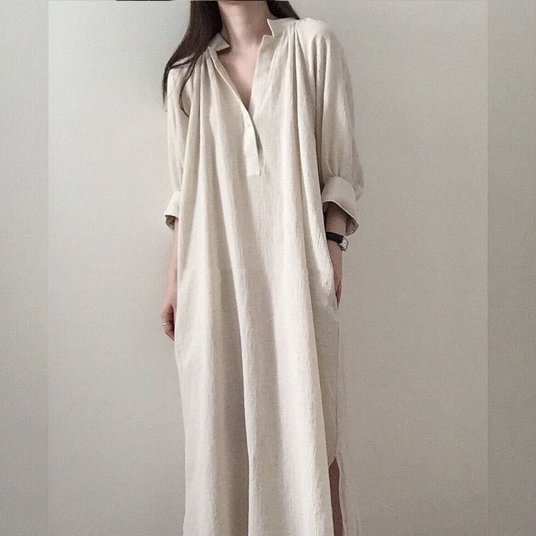 スキッパー ロング ワンピース シャツワンピース 膝下 ロング丈 袖あり 7分袖 七分袖 Vネック スタンドカラー フレア サイドスリット ポケット リネン かわいい 大人可愛い きれいめ シンプル 