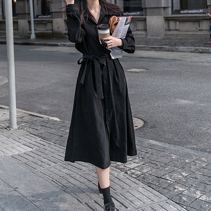 共布ベルト付き ロング シャツ ワンピース シャツワンピース ロング丈 袖あり 長袖 襟付き ストレート ワイド リボン ベルト ウエストリボン かわいい 大人可愛い きれいめ シンプル カジュアル 