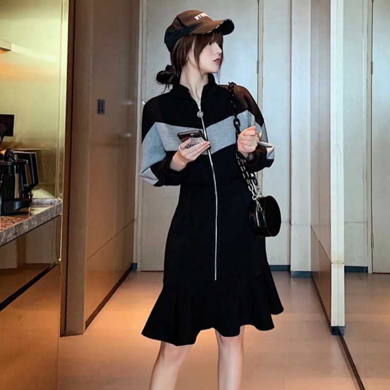 ジャージワンピ 個性的 ワンピース トレーナー マーメイドスカート スウェットワンピース ショート ショート丈 膝丈 ひざ丈 袖あり 長袖 ハイネック ペプラム フィッシュテール ウエストマーク 切り