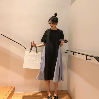 ワンピース ワンピドレス 膝下 ロング ロング丈 袖あり 半袖 ラウンドネック 襟なし Aライン 切り替えデザイン ドッキング 綿 かわいい 大人可愛い シンプル カジュアル 大人 おしゃれ お洒落 