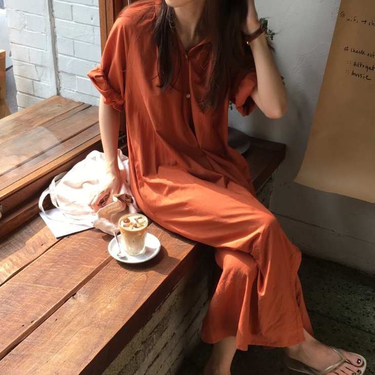 ワンピース シャツワンピース ワンピドレス ロング ロング丈 袖あり 7分袖 七分袖 襟なし スタンドカラー セミフレア Aライン リボン ウエストリボン 前開き かわいい 大人可愛い シンプル カジ