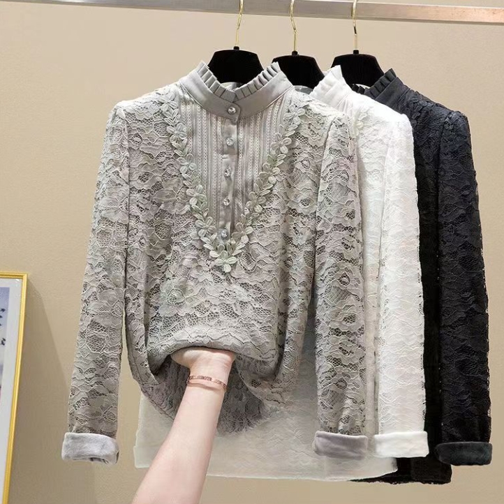 トップス シャツ ブラウス ミディアム丈 袖あり 長袖 襟なし スタンドカラー レース 刺繍 かわいい 大人可愛い きれいめ 大人 上品 おしゃれ レトロ アジアン エスニック エキゾチック エレガン