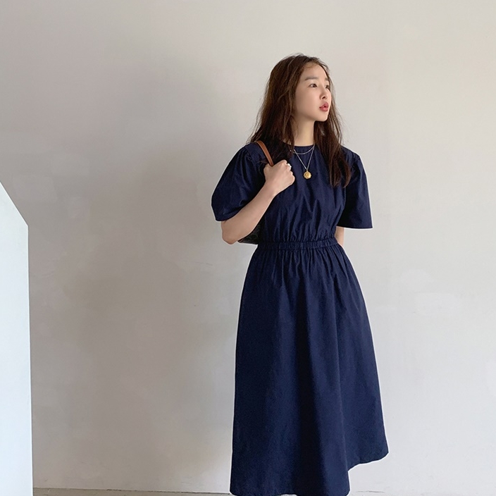 ワンピース ワンピドレス ロング ロング丈 袖あり 半袖 ラウンドネック 襟なし セミフレア Aライン ファスナー ハイウエスト 綿 かわいい 大人可愛い シンプル カジュアル 大人 上品 おしゃれ 