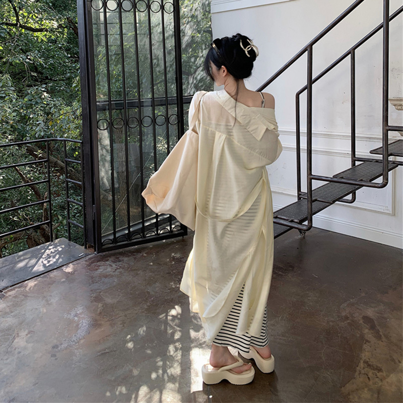 ロング シャツ ワンピ トップス アウター ブラウス ガウン シャツワンピース ロング丈 マキシ マキシ丈 袖あり 長袖 ベルト サイドスリット 前開き 透け感 かわいい 大人可愛い きれいめ シンプ
